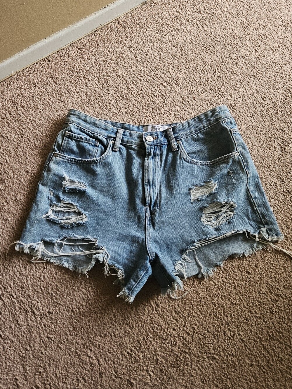 High-Rise Distressed Denim Shorts - Light Blue